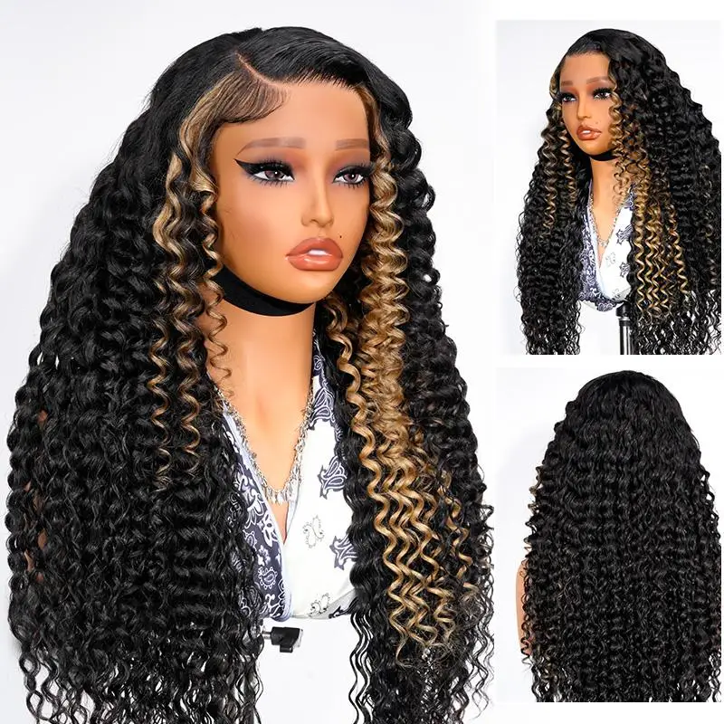 Peruka Alipearl bez kleju z przedziałkiem z boku, z pasemkami, głęboka fala, peruka typu lace front z ludzkich włosów, wstępnie przycięta linia włosów, balayage, peruka 13x4 z ludzkich włosów.