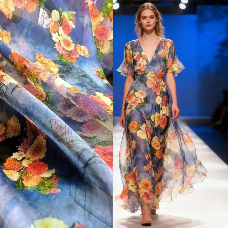 

Синяя ткань из натурального шелка тутового шелкопряда цветочным принтом мягкая Тюлевая ткань модная женская одежда рубашка шарф шитье оптом и в розницу Шелк ткань с принтом для шитья поставщик ткани платье домашнее