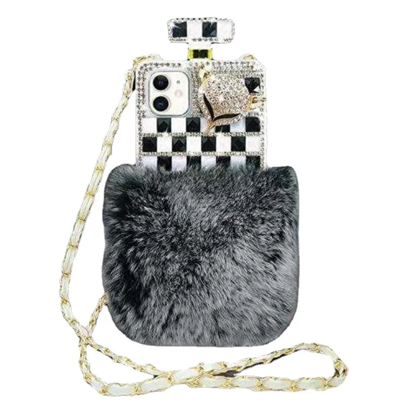 Luxury Bling Diamond Fur Perfume Bottle Cover, Mobile Phone Case for iPhone 16 Plus, 11, 12, 13, 14, 15 Pro Max