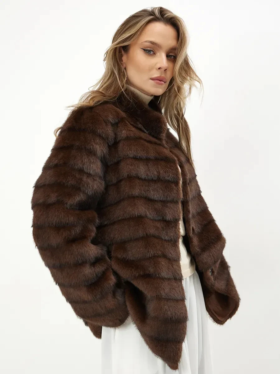 Women Winter Faux Fur Coat Dark Brown Horizontal Striped Fluffy Warm 2026 New Elegant Old Money Luxury Outerwear
