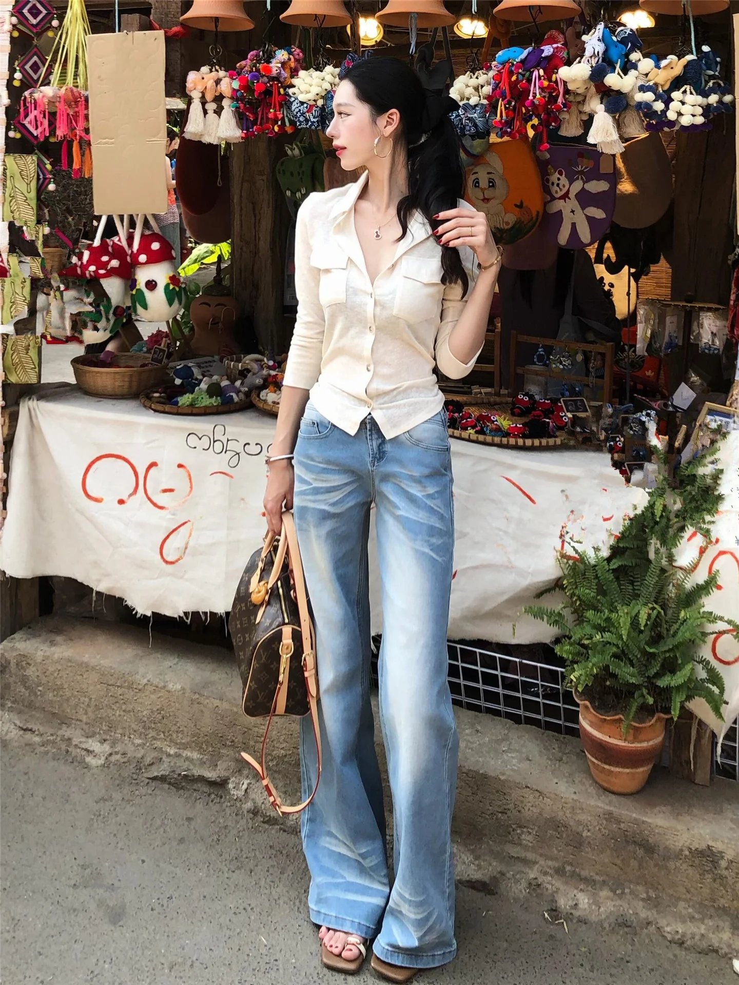 American Street Style Low Waist Bell Bottom Jeans Women's Spring Summer Loose Slimming Non-Matching Light Blue Denim Pants