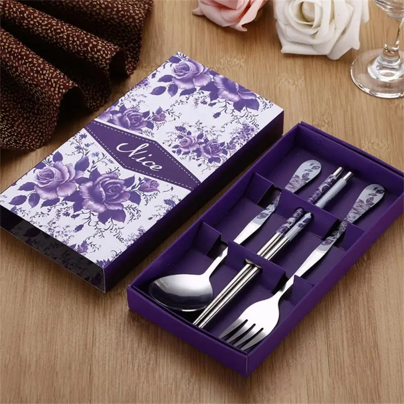 Set Of Red/Blue/White/Green Porcelain Tableware Stainless Steel Chopsticks Spoon Fork Gift Box Portable Travel Tableware Set