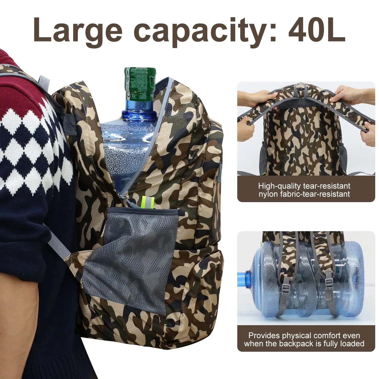 40L verstaubarer Rucksack, faltbar, ultraleicht, Outdoor-Reisetasche, großer faltbarer Rucksack, Wander-Reiserucksack, Bergsteigen, Tagesrucksack