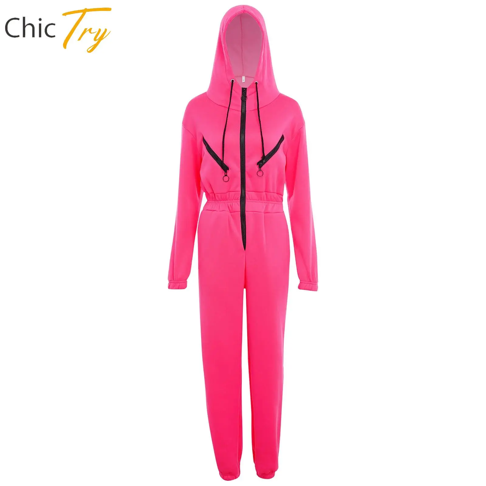 

Womens Fashion Fleece-Lined Drawstring Sports Hooded Jumpsuit Long Sleeve Elastic Waist Bodysuit for Gym Running Workout Outdoor
