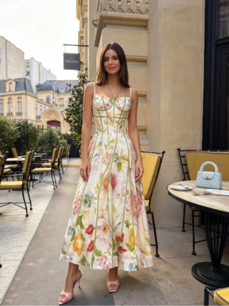 Elegant Floral Print Halter Dress Women Sleeveless Waist-closed A-line Dresses 2026 Spring Summer Fashion Female Vacation Robe