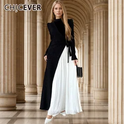 CHICEVER Hit Color Pathwork Folds Chic Dresses Women Stand Collar Long Sleeve High Waist Spliced Sequined Pollover Dress Female