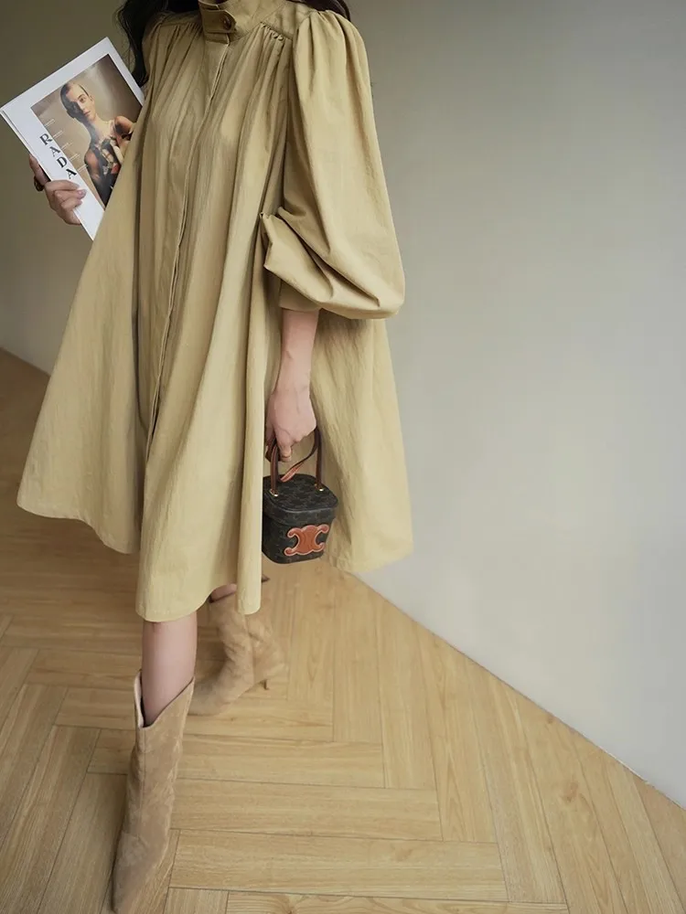 

Lautaro Spring Autumn Long Khaki Trench Coat for Women with Puff and Lantern Sleeve Elegant Chic Luxury Designer Clothes 2025