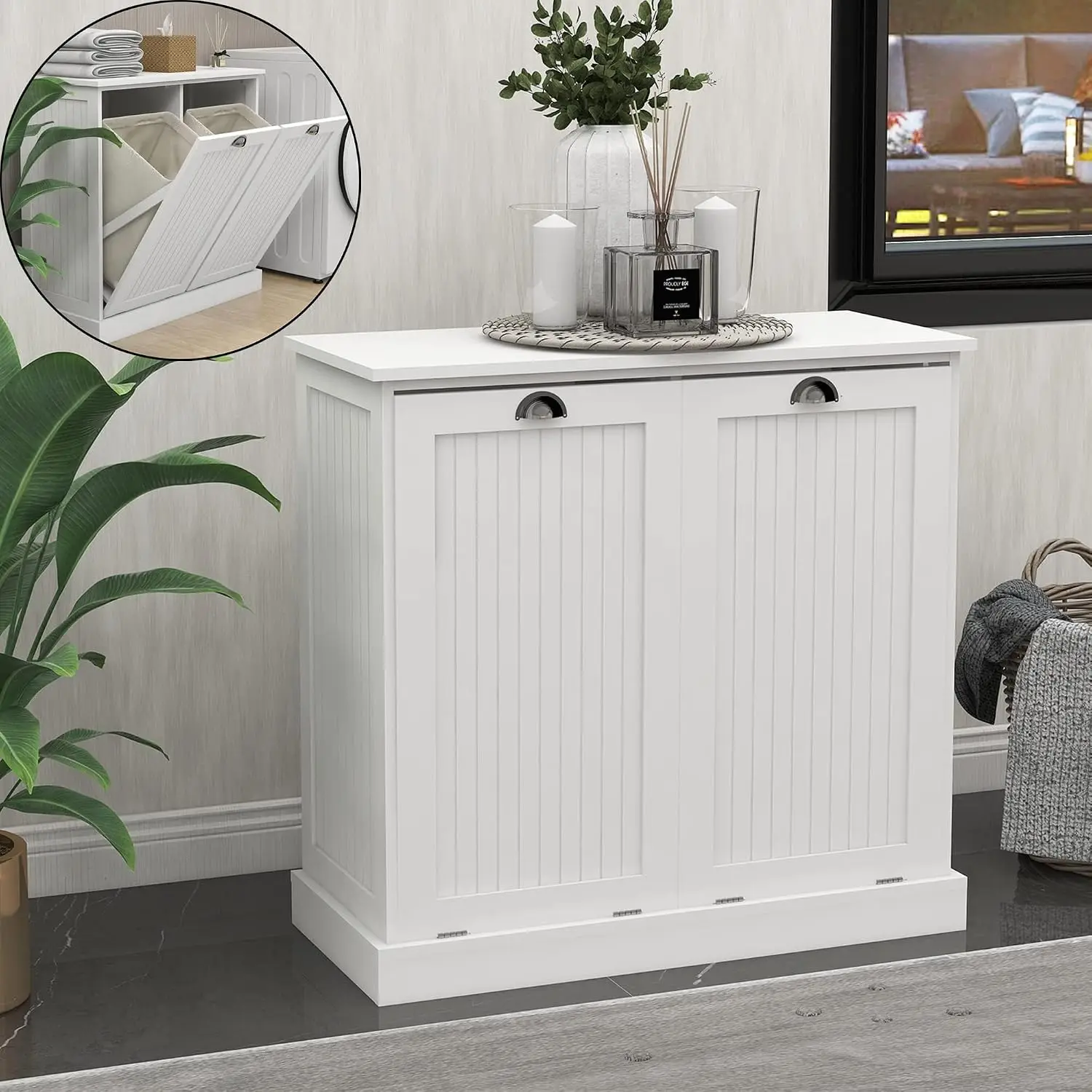 Tilt Out Laundry Hamper Cabinet, Removable Basket, Double Hidden Wood Bathroom Storage, Free Standing, White, Customized