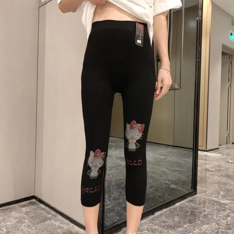 Hello Kittys Rhinestones Leggings Sanrios Anime Kawaii Cartoon Figure High Waist Cropped Flash Leggings Versatile Slim Slimmings