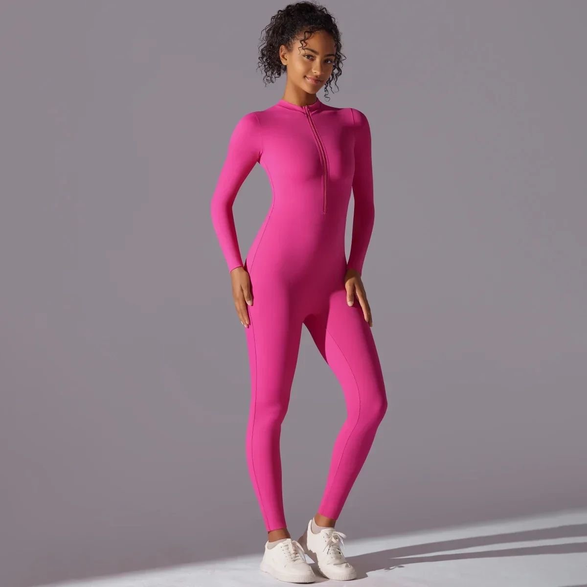 Macacão esportivo sólido moda zíper manga longa macacão de fitness feminino roupas esportivas de secagem rápida ginásio yoga macacão