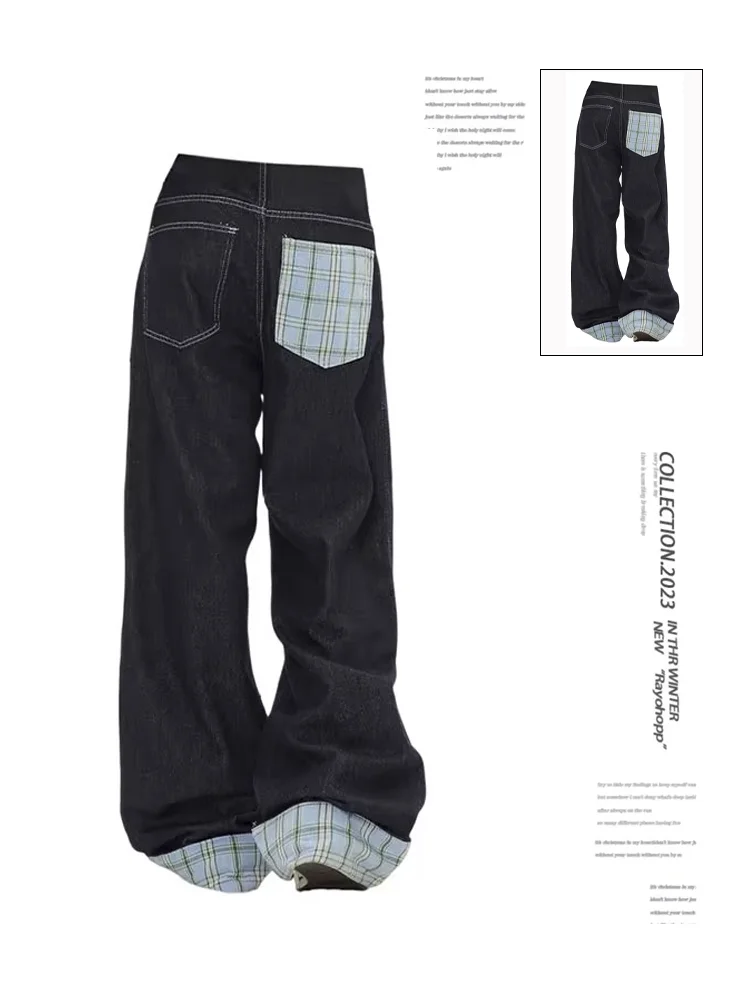 

Women's Patchwork Dark Blue Baggy Y2k Jeans Harajuku Aesthetic Streetwear 2000s Denim Trousers Vintage Jean Pants Trashy Clothes