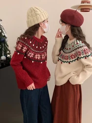 Retro Christmas New Year Thickened Red Fair Isle Knitted Sweater Women's Overhead Loose Autumn Winter Inner Wear Top