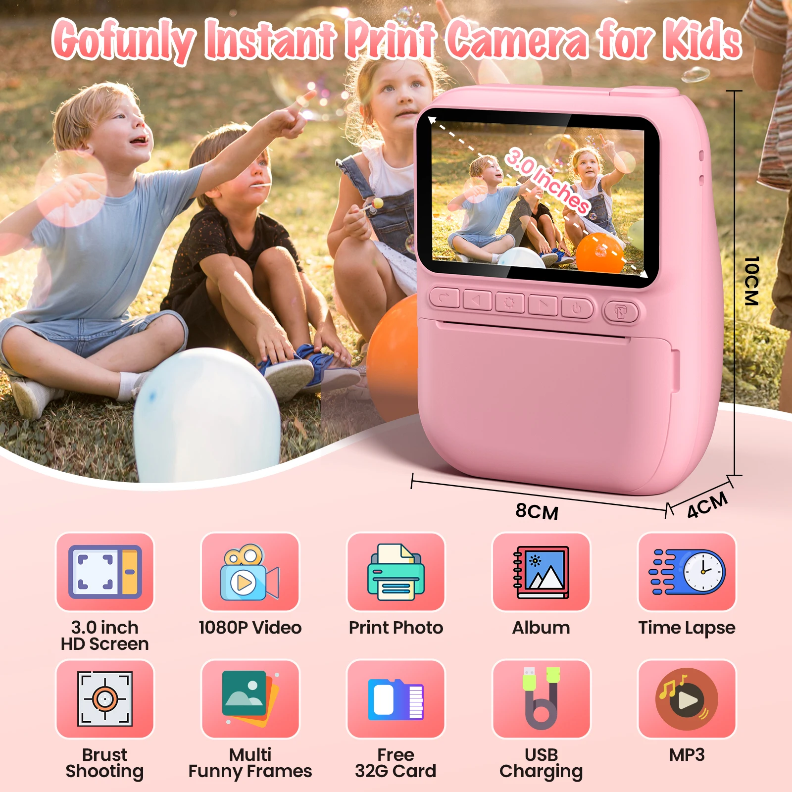 Cámara de impresión instantánea para niños, cámara Digital de 3,0 "para 6-12 años, 32MP, HD, 1080P, con 3 rollos de papel de impresora