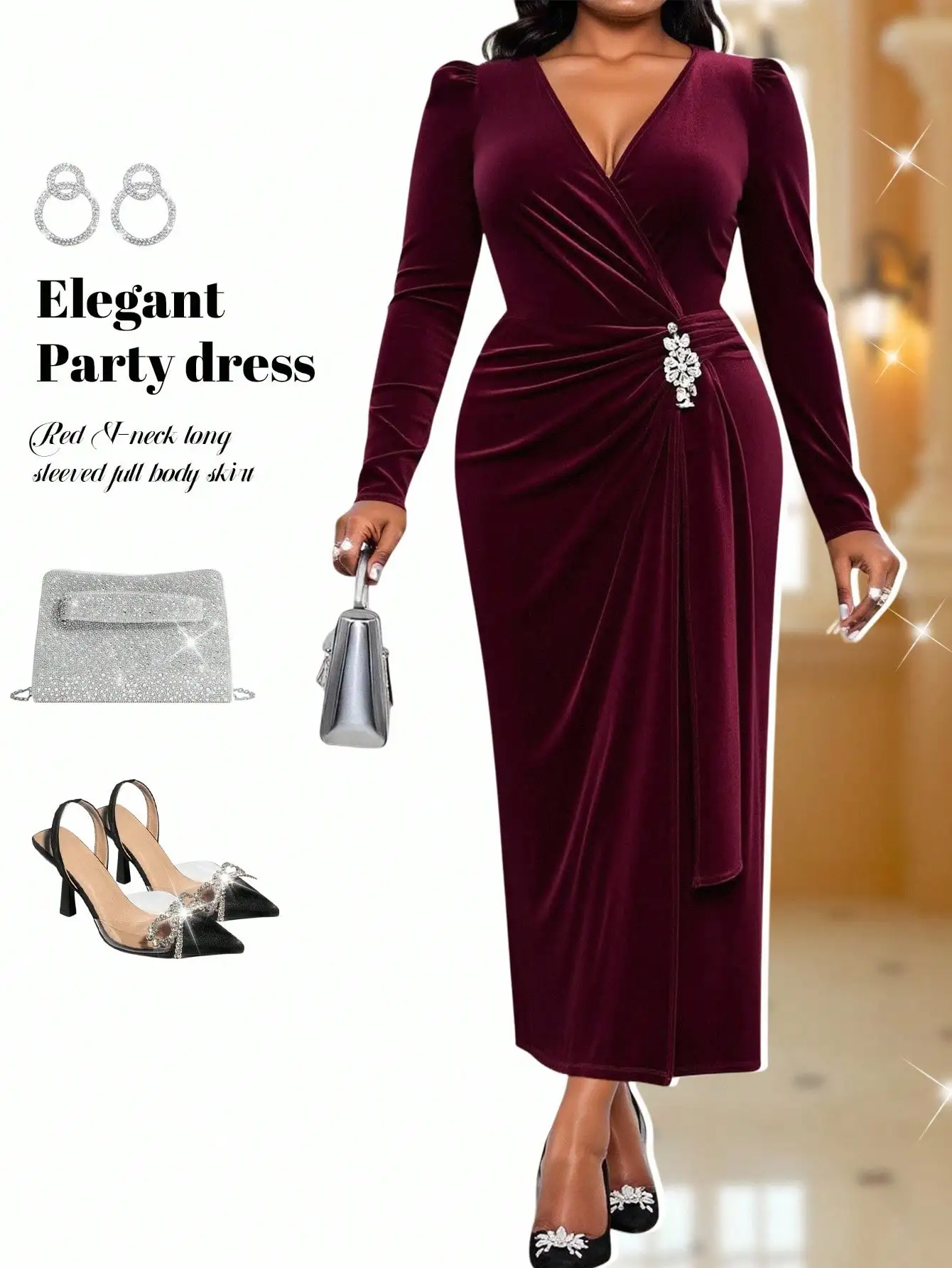 

Burgundy Velvet V-Neck Wrap Dress with Crystal Brooch, Long Sleeve Elegant Party Dress