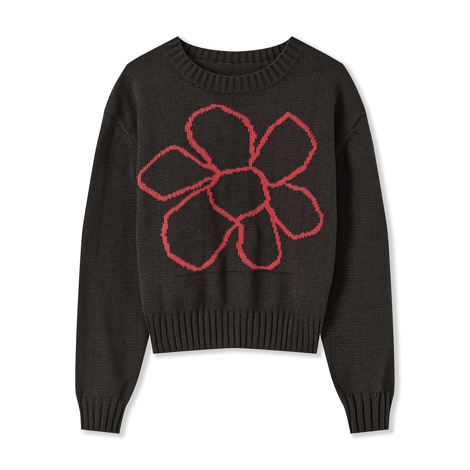 

2026 зимний модный женский свитер с цветочным принтом, осенний женский трикотаж, пуловеры, повседневные свободные тонкие вязаные топы с круглым вырезом и длинными рукавами