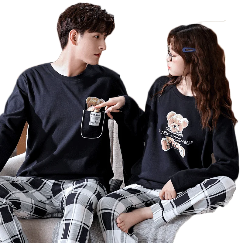 Spring and Autumn Couple Pajamas Set 100% Cotton Long Sleeve Sleepwear Cute Cartoon Male and Female Pyjamas