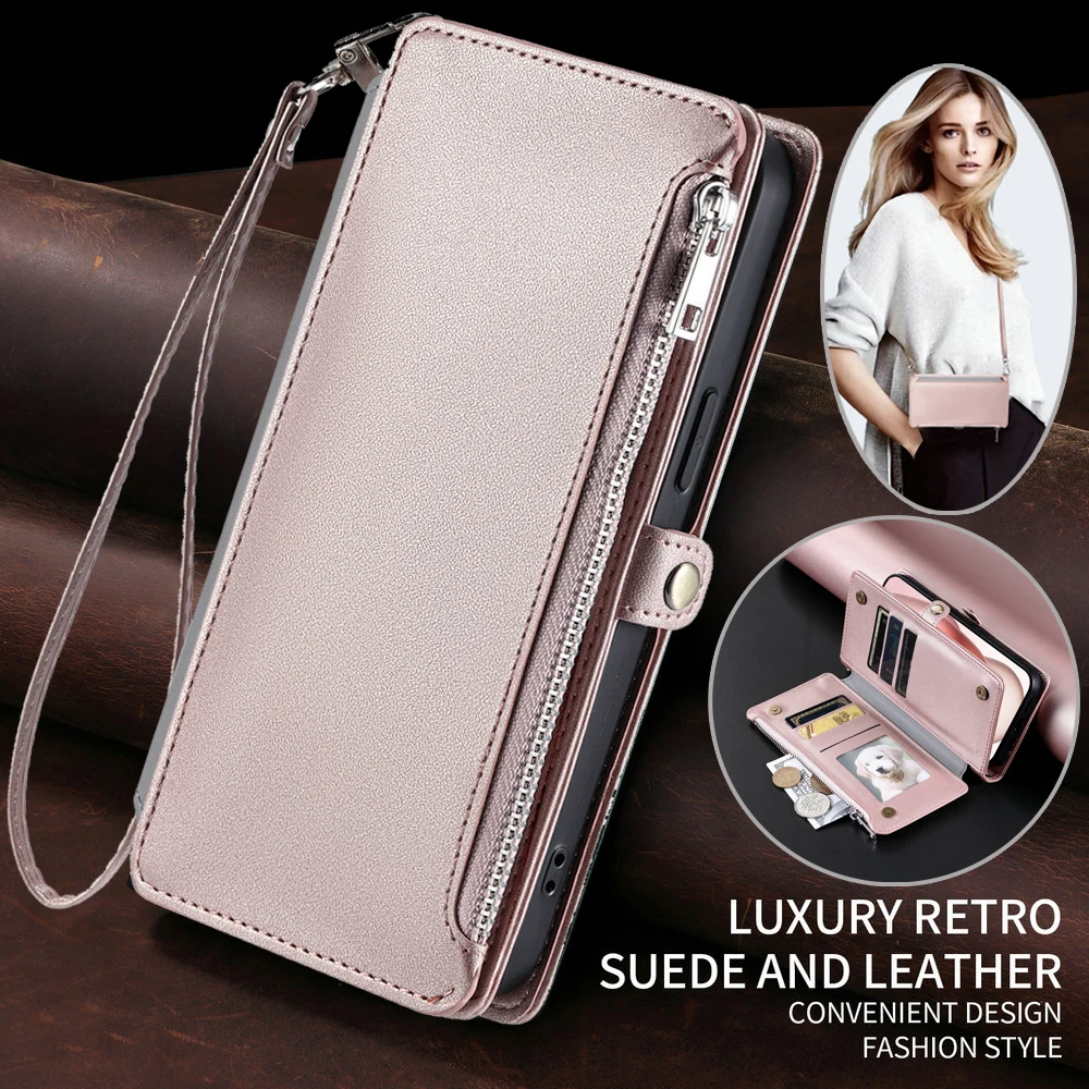 

Note20 S23 S24 Ultra Flip Case с 8 картами, кошелек на молнии, кожаный чехол для Samsung Galaxy Note 10 Plus S10 S10E S9 S8 S 9 S25 Edge 5G