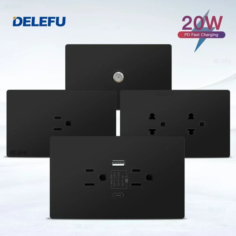 DELEFU Flame Retardant Black PC Panel Mexico Standard Type C Fast Charging US Socket 124*76mm Wall Socket Switch