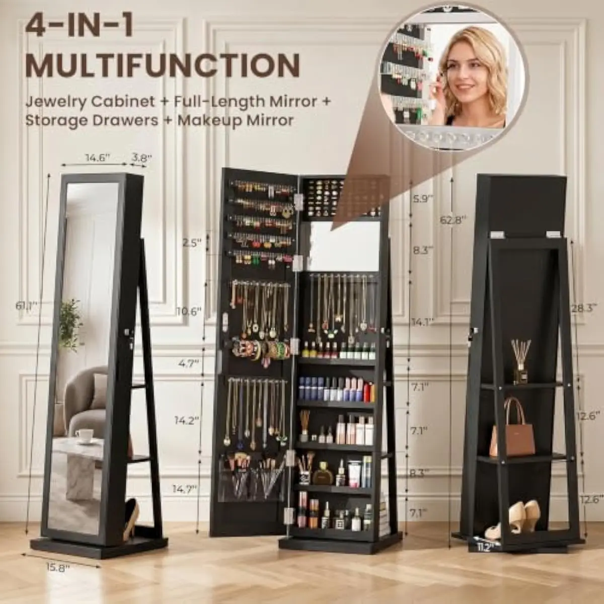 Elegant Black Standing Jewelry Armoire with Full-Length Swivel Mirror Velvet-Lined Interior 100 Earring Slots 30 Necklace Hooks