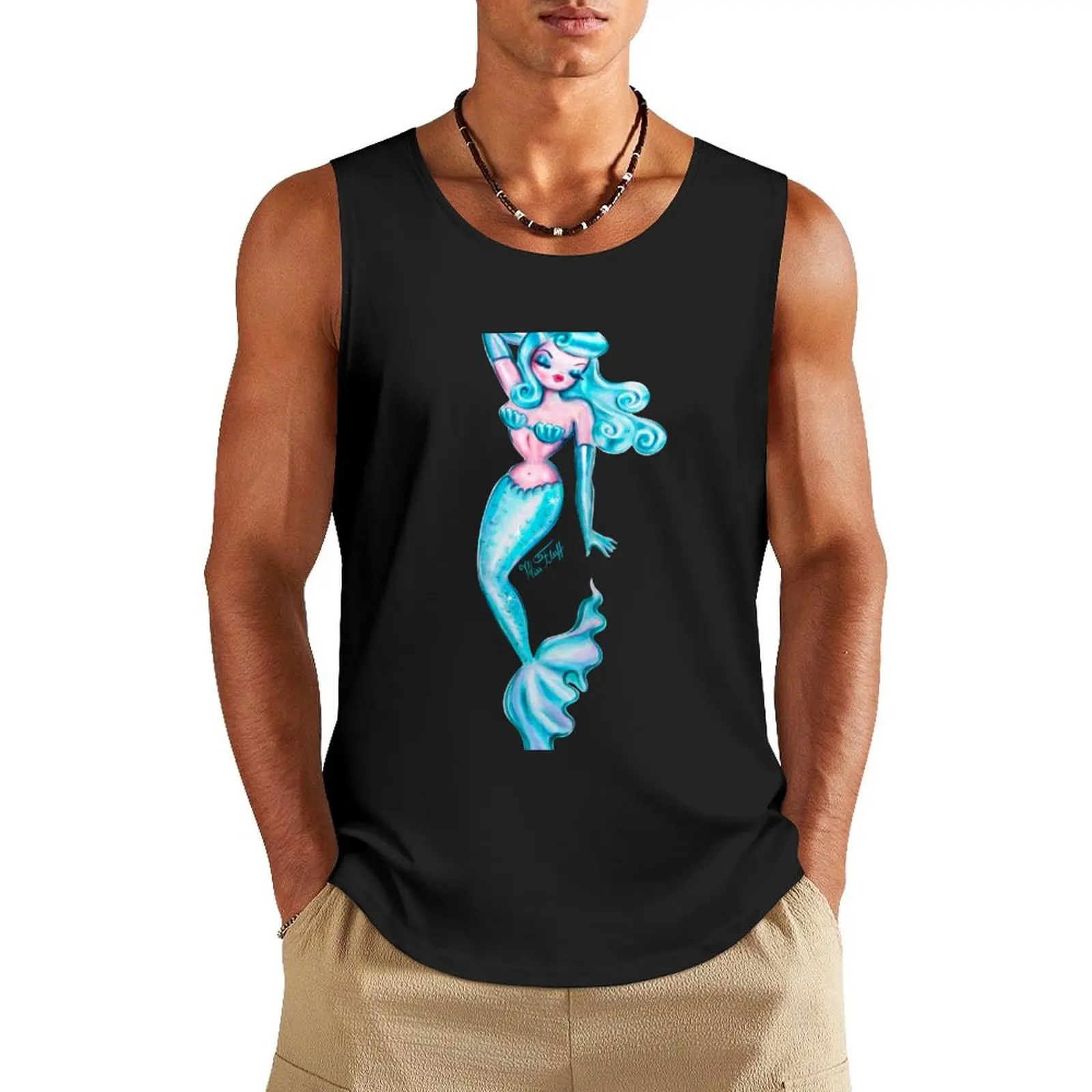 Dreamy Blue Pinup Mermaid Tank Top Vest male gym shirts t shirt gym bodybuilding men