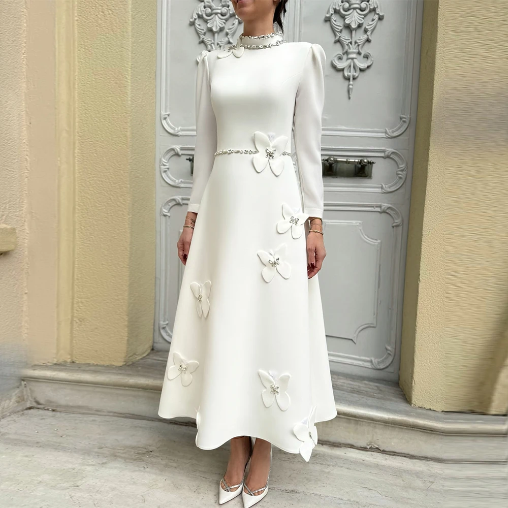 

Dreamy Midi Wedding Dresses Crepe Fabric A-line Wedding Party Dress Ivory High Collar Applique Rhinestones Modern Wedding Dress