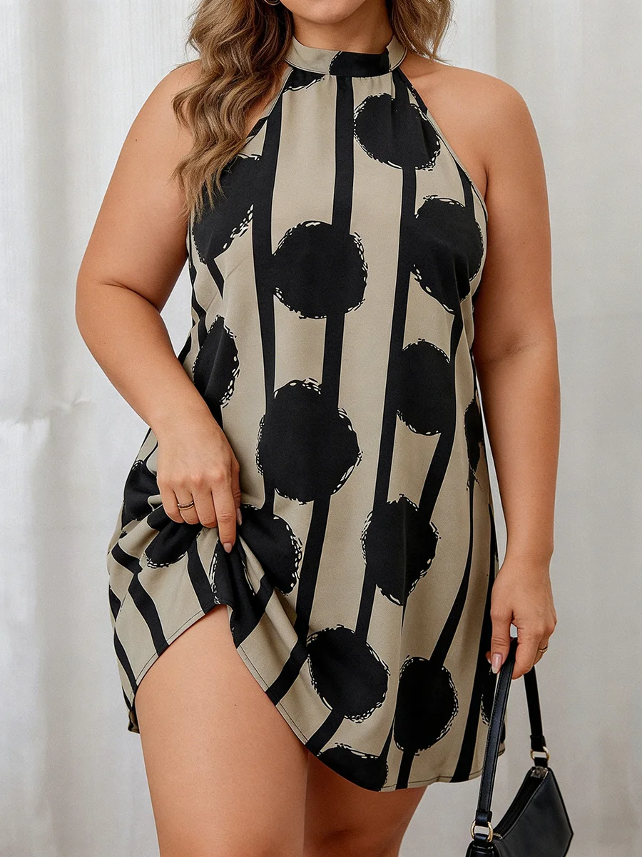 

Женское платье больших размеров с воротником-халтером, без рукавов, с принтом в горошек, мягкое, свободное, повседневное, весна-лето 2026, шикарное, легкое, на каждый день