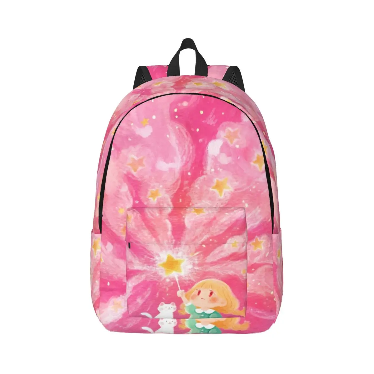 Cartoon Animal School Backpack Center Girl Cat Whimsical Illustration Pink Multi Color Fashion Daypack for College Travel Gift
