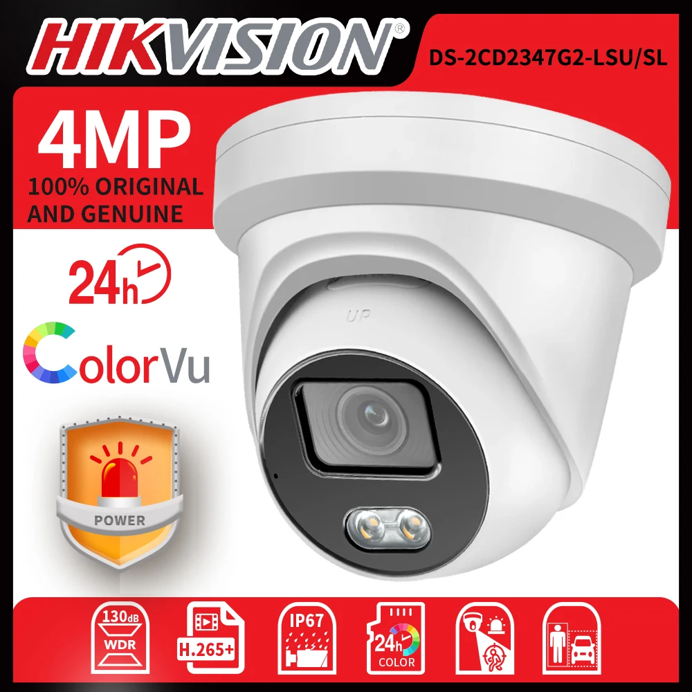 Hikvision DS-2CD2347G2-LSU/SL 4MP ColorVu IP Camera Strobe Light Audible Warning Acusense 2-Way Audio SD Slot POE Network Camera