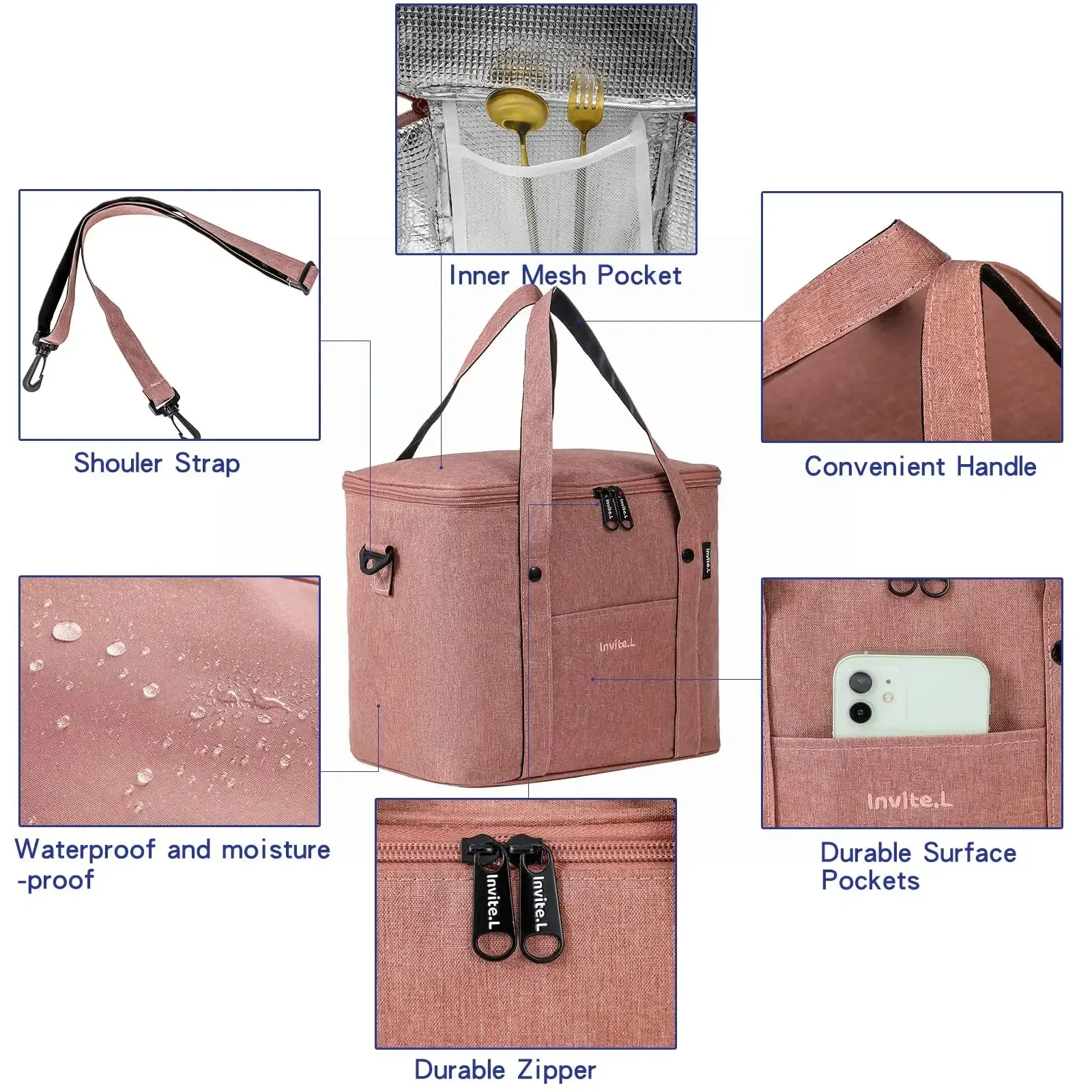 1pc Insulated Lunch Bag For Men/Women, Reusable Large Lunch Cooler Box Tote Shoulder Strap For Work Office Picnic Beach Travel view 2