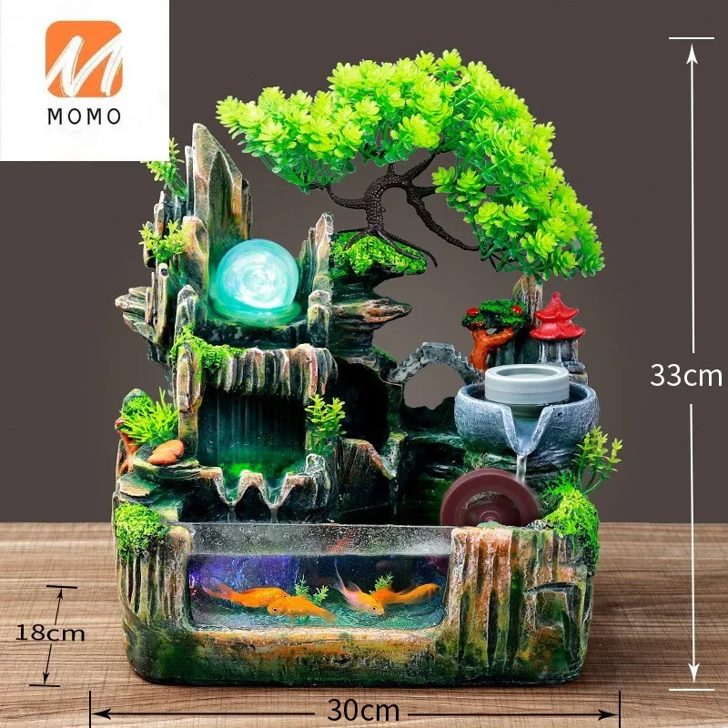 Indoor Tabletop Decor Rockery Fish Jar Resin Water Fountain for Table Desk Office Home Wall Decoration