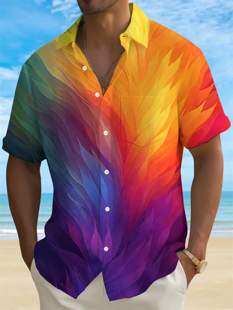 Summer Men's Shirt 3D Print Colorful Feather Short Sleeve Turndown Hawaiian Shirt Button Up Shirts No Pockets Shirts for Women