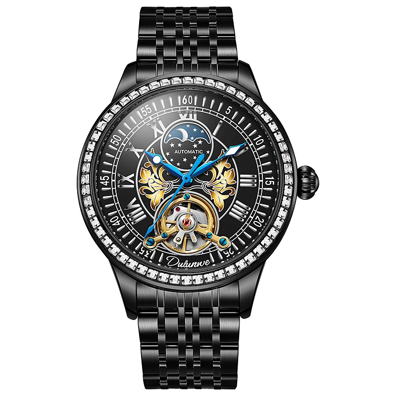 High Quality Luxury Black Steel Men's Watches Moon Phase Tourbillon Hollow Steel Skeleton Mechanical Watch Automatic Movement