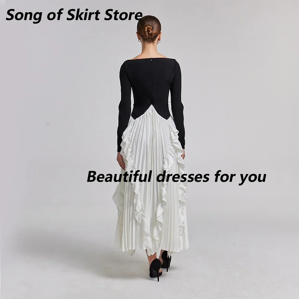 فستان سهرة بألوان متباينة مخصص بأكمام طويلة وكشكشة بطول الكاحل على شكل حرف A فستان حفلة موسيقية مناسبة رسمية مقاس مخصص #2