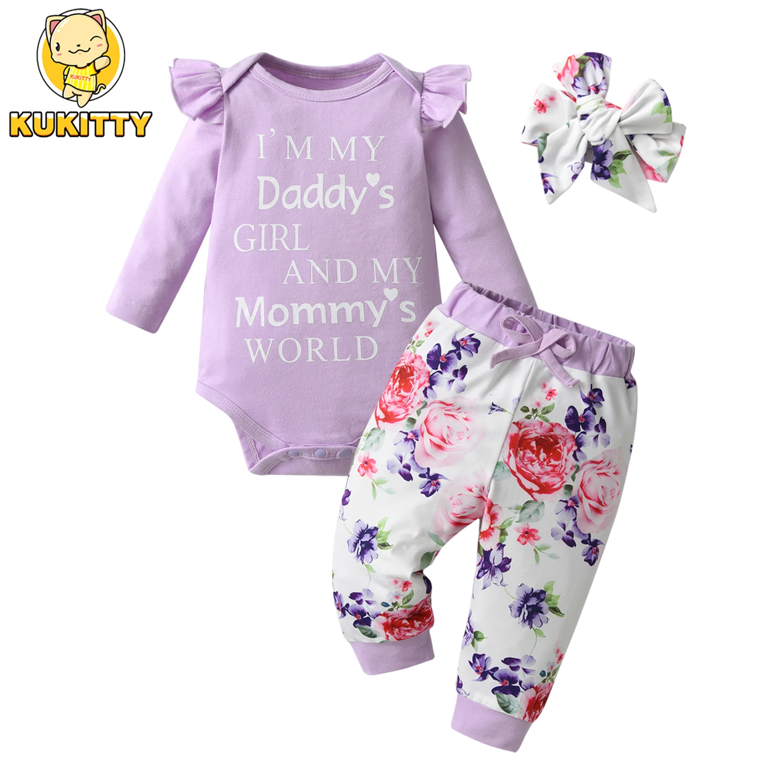 3pcs Infant Baby Girls Cotton Clothes Set Long Sleeve Romper Bodysuit Top and Floral Pants with Bow Headband Newborn Clothing