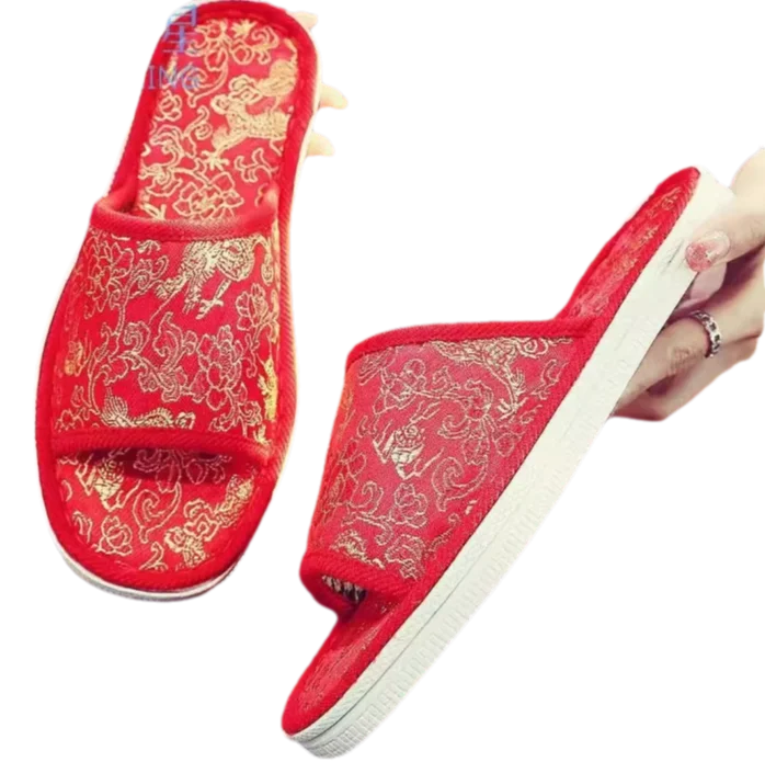 Handicraft Chinese knot Silk Brocade Slippers for Women, Reusable Rubber Bottom, Wedding Party Favor, Indoor