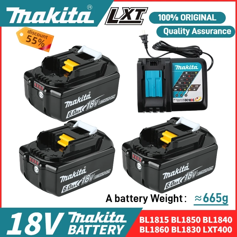 

Weight 665g New original 18v Makita battery and charger BL1860 BL1850B BL1850 BL1840 BL1830 replaced with Makita 18650 6.0Ah