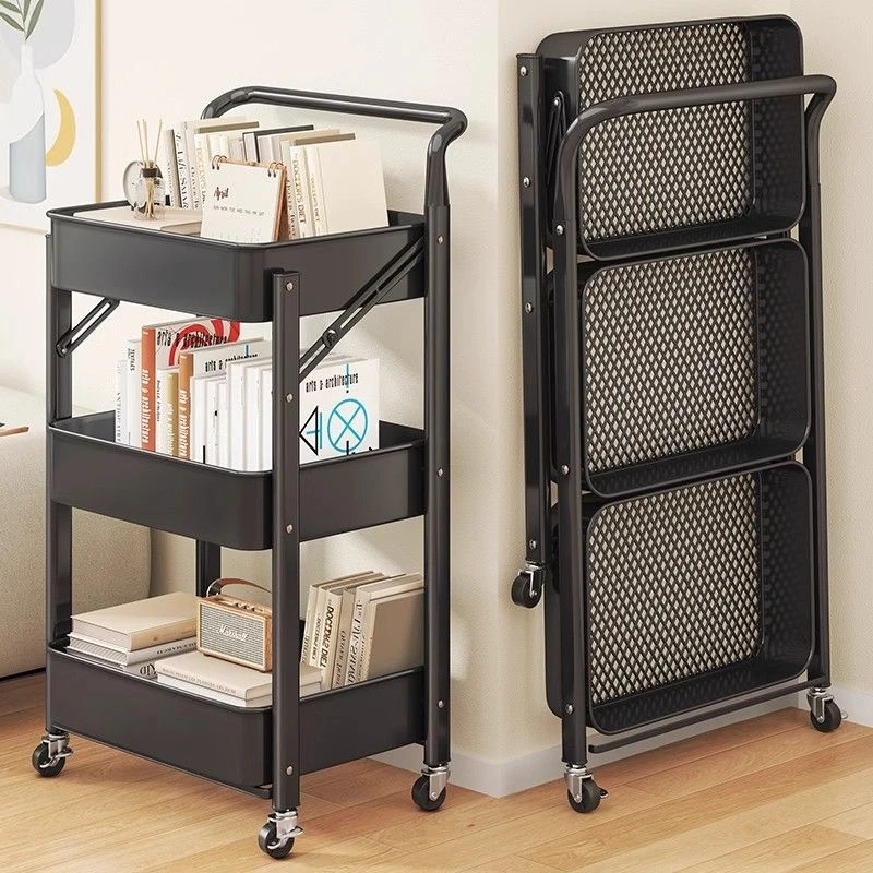 

Folding Cart Kitchen Storage Racks Free Installation Movable Household Fruit And Vegetable Shelves Sundry Snacks Storage Rack