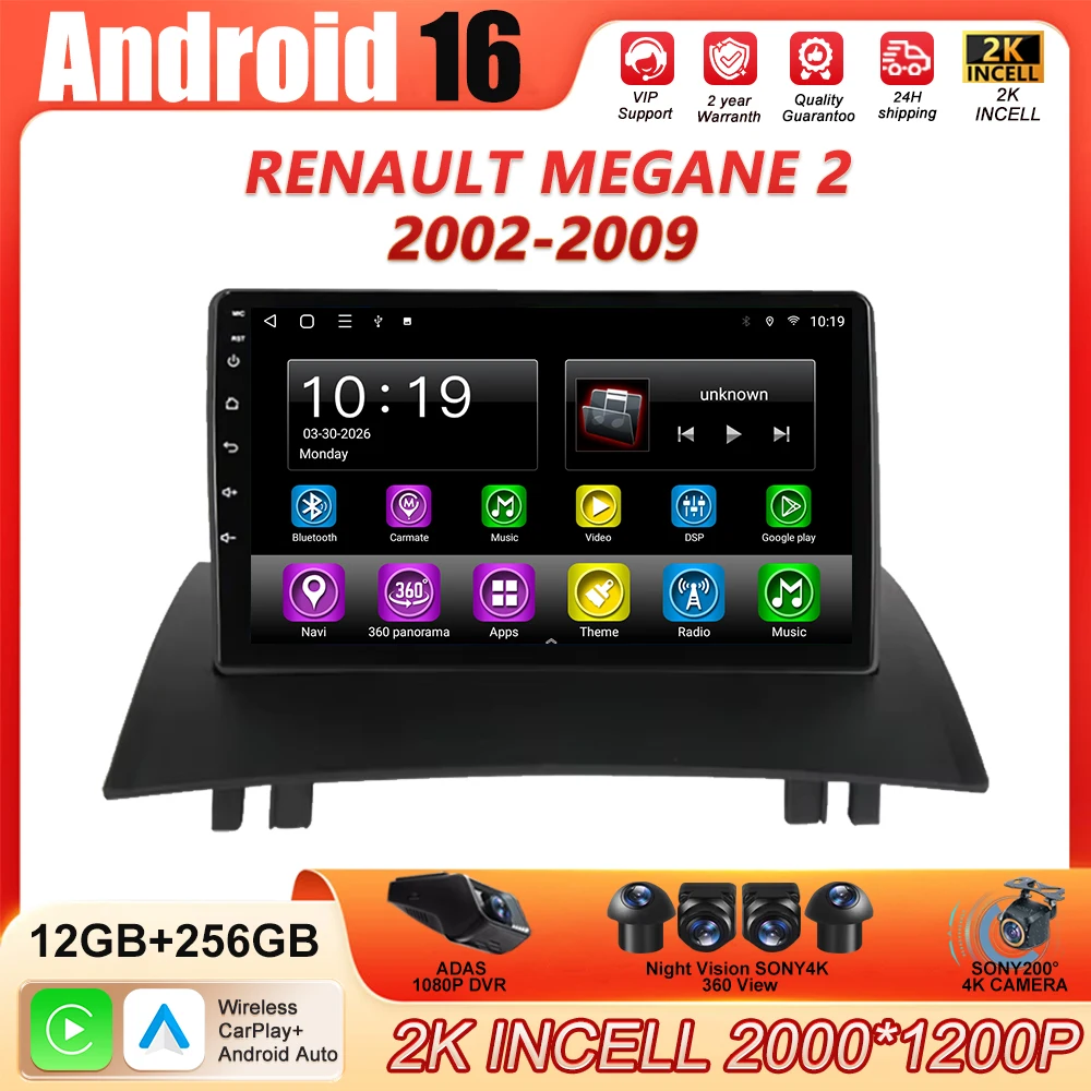 Android 16 For Renault Megane 2 2002-2009 2K QLED Android Car Radio Multimedia Video Player GPS Stereo CarPlay 4G Navigationv BT