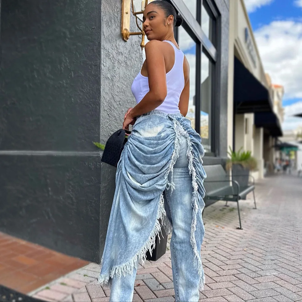 اليومية الأزرق جيب Ruched المتوترة تقليم عادية التباين الدينيم الجينز شارع العليا خمر عادية غير المتماثلة سراويل جينز للنساء #3