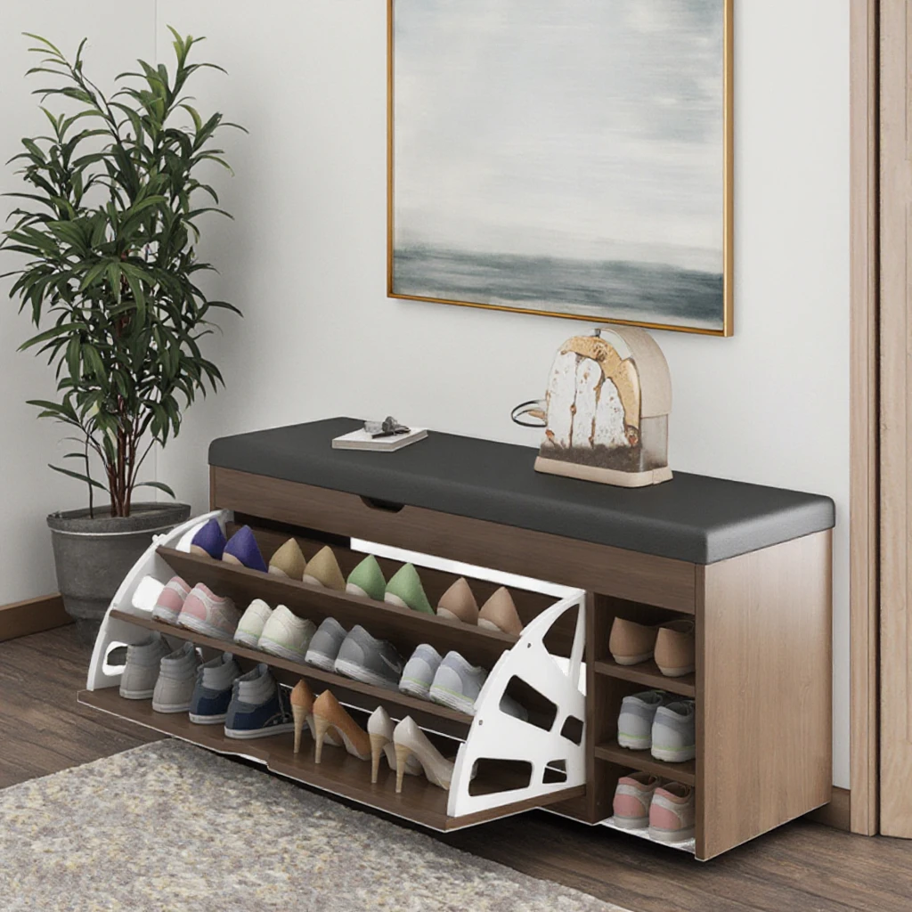 Modern Indoor Wooden Shoe Cabinet With Stool Simple Storage Living Room Furniture Change Feature For Home Bedroom Use