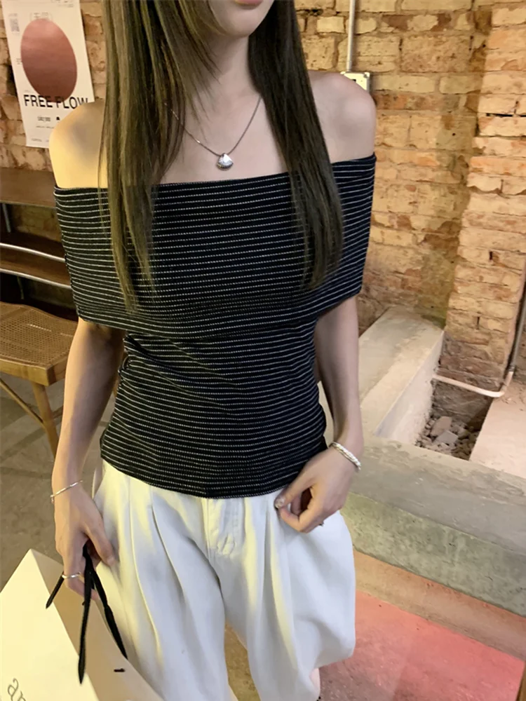 Chic Women Sexy Off Shoulder T-shirt Summer Knitting Stripe Slim Crop Top Y2K Vintage Harajuku White Tee Elegant Female Clothes