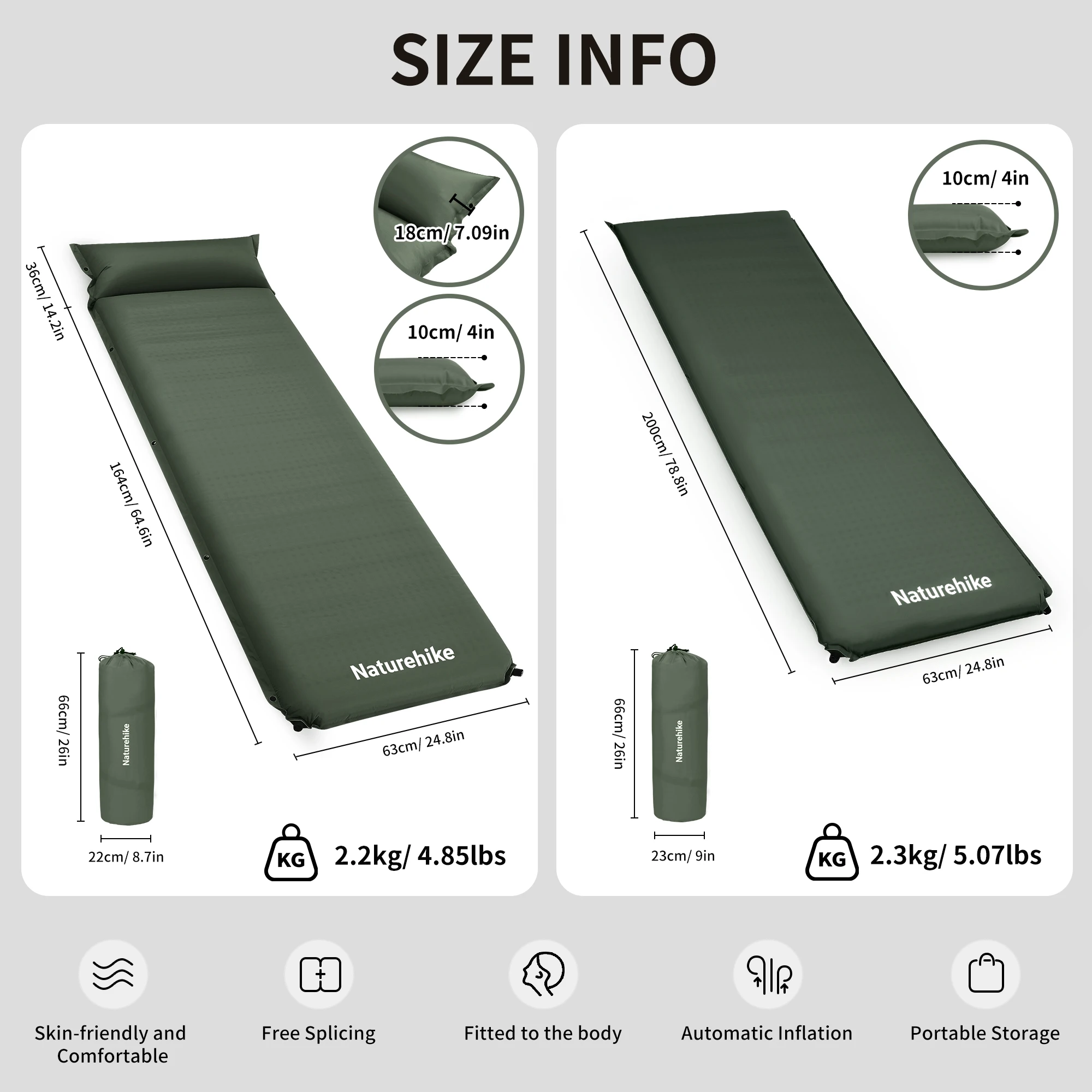 Naturehike 2024 New Camping Self Inflating Mattress 10cm Thicken Splicable Double Air Sleeping Bed Folding Hiking Air Mattress