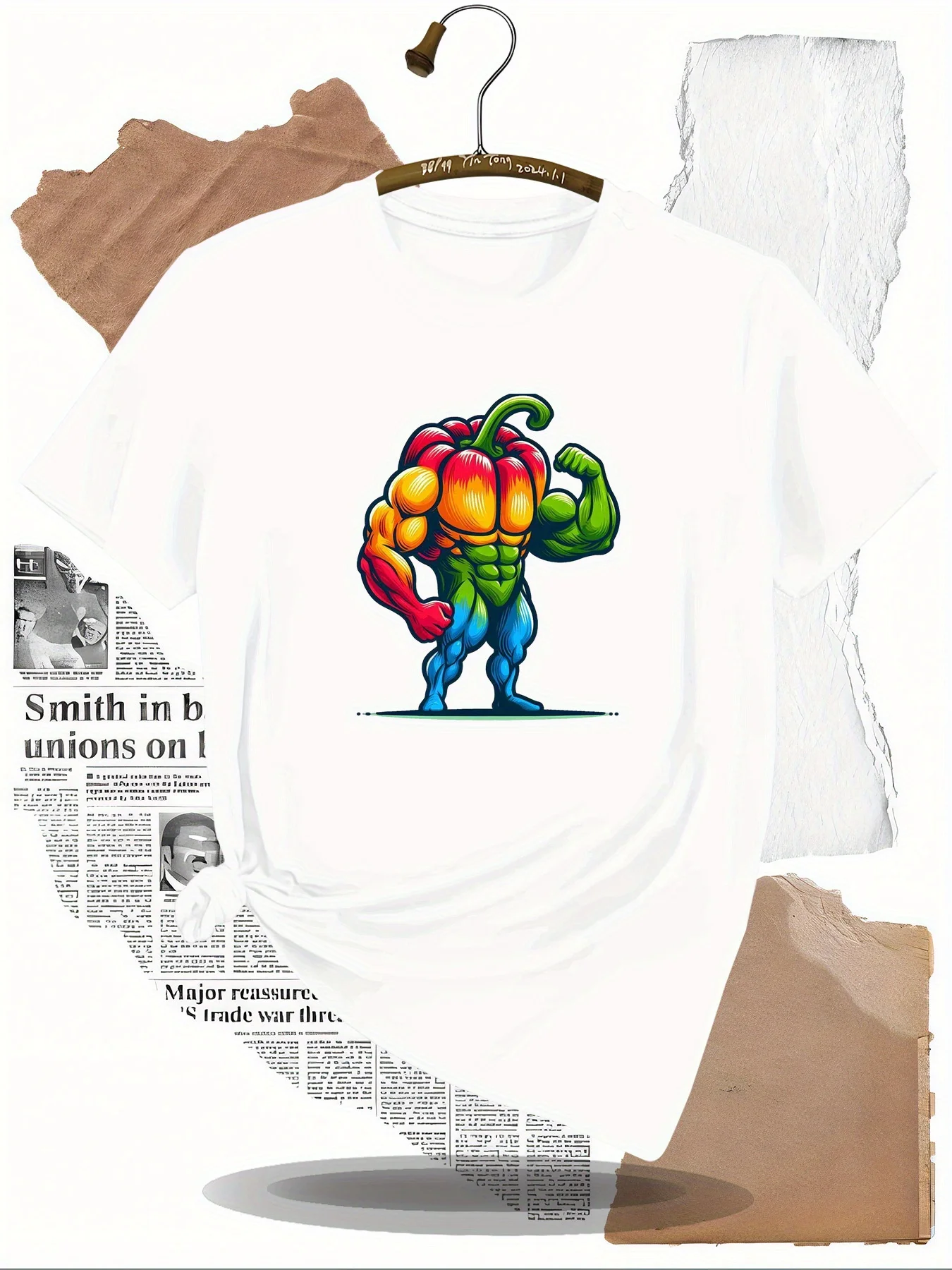 T-shirt girocollo da uomo con stampa fitness colorata peperoncino, adatta per giovani e appassionati di fitness