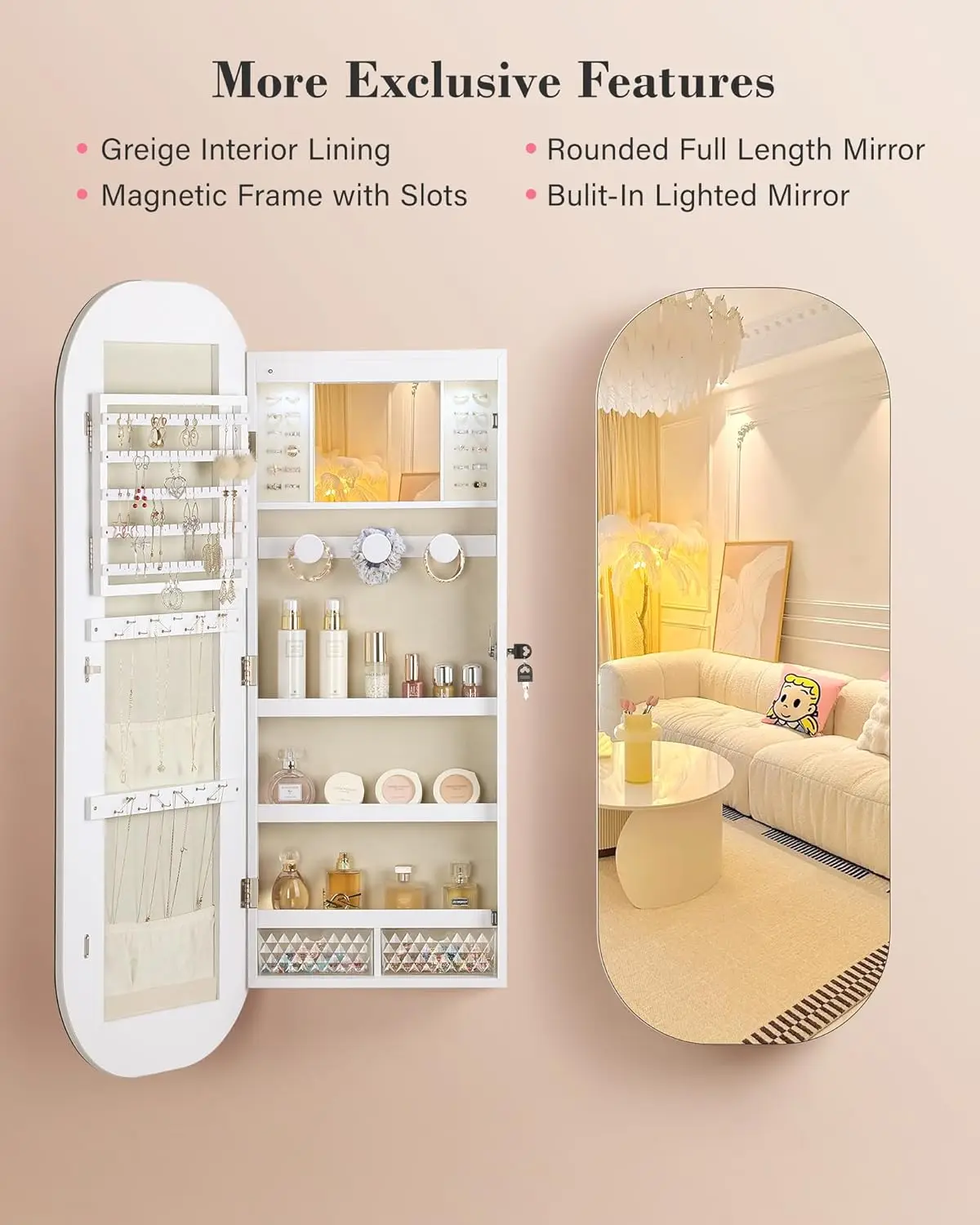 LED Mirror Jewelry Cabinet, Rounded Jewelry Armoire Cabinet, Lockable Wall or Door Mounted Jewelry Organizer with Inter