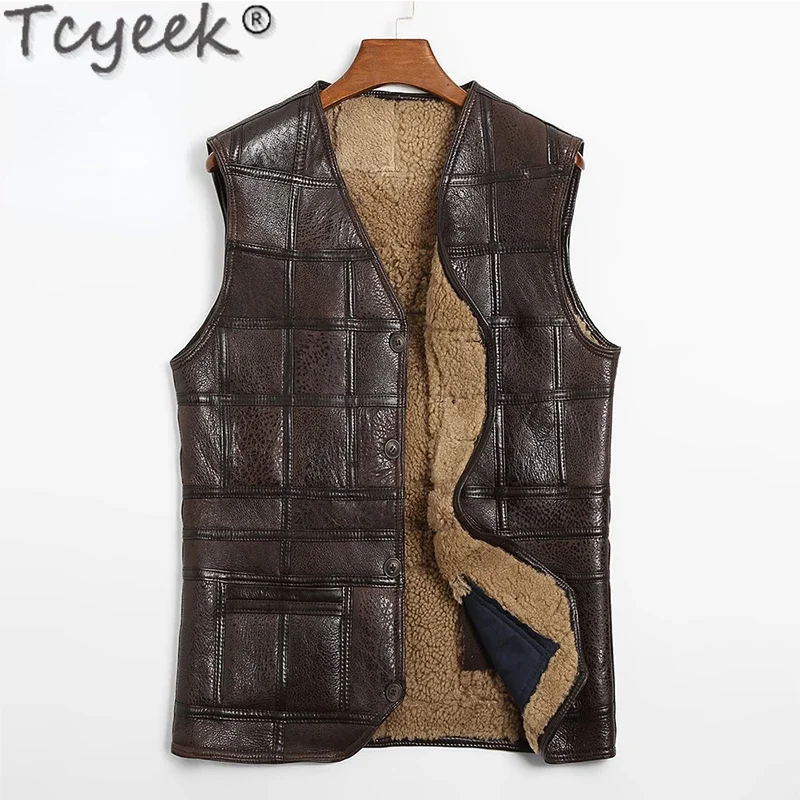 

Tcyeek Autumn Winter Sheepskin Genuine Leather Vest Thickened Men's Natural Fur Coat Fashion Wool Sleeveless Jacket Men Clothing