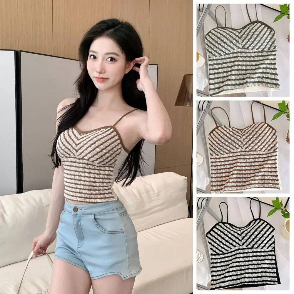 

V-neck Y2k Slim Crop Top Sweet Sleeveless Stripe Vest Top Girl Bottoming Shirt Streetwear Stripe Camisole Streetwear