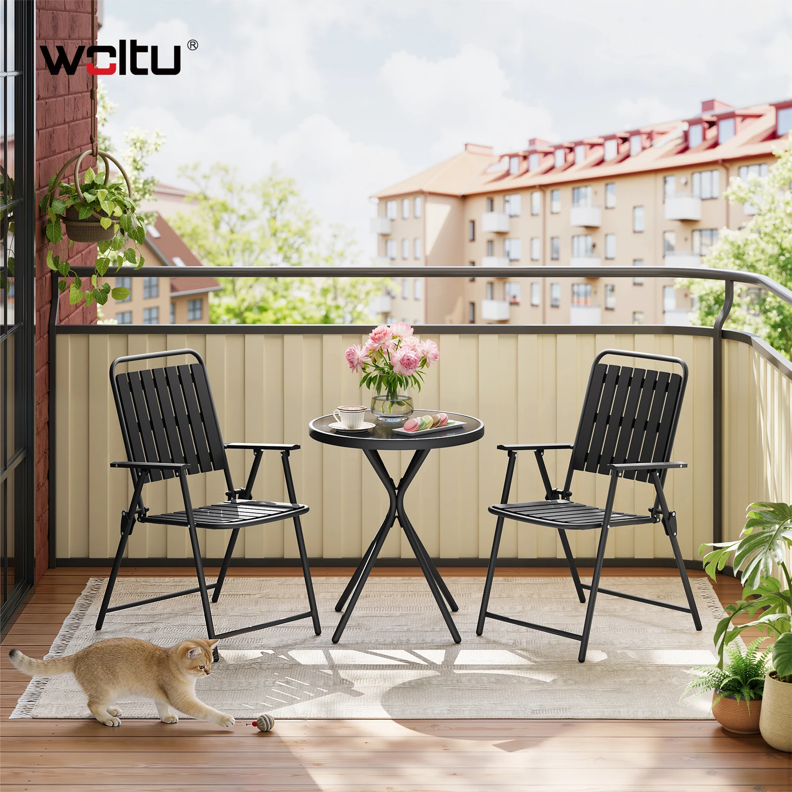 WOLTU Balkonmöbel-Set, runder Outdoor-Tisch mit 2 Klappstühlen, Metallrahmen, wetterfeste Outdoor-Sitzgelegenheit für Balkon, Terrasse, Garten. – Detail 16