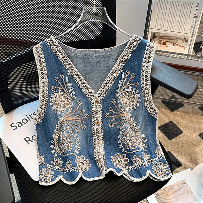 

Summer New Vintage Flower Embroidery Denim Vest Women Slim Thin Short Jacket V-Neck Single-Breasted Sleeveless Cowboy Waistcoat