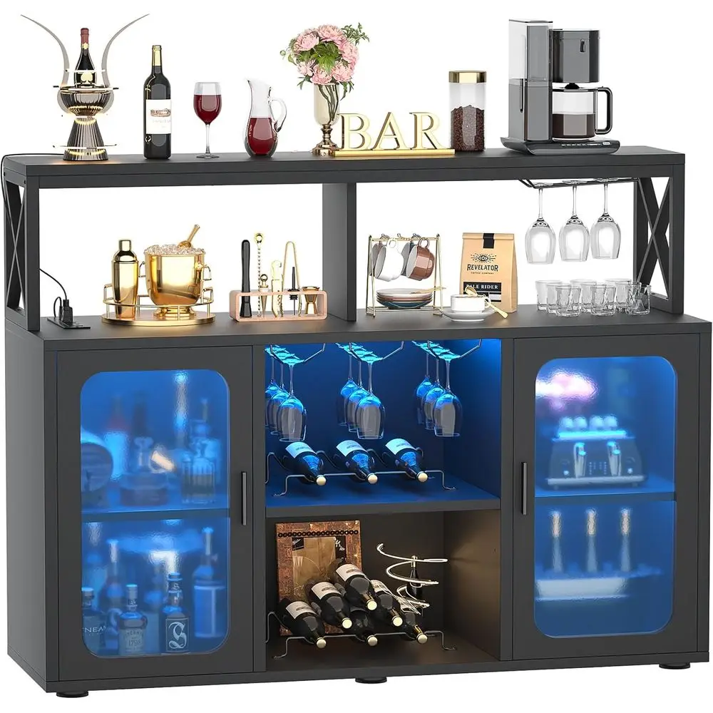 Illuminated Liquor Cabinet with Glass Holders and Power Outlets, Black Storage Wine Rack Cabinet