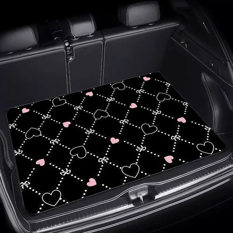 Polyester Fiber Romantic Heart & Bow Pattern Car Trunk Mat, Cargo Liner, Whimsical Decorative Trunk Protector for Auto Interior